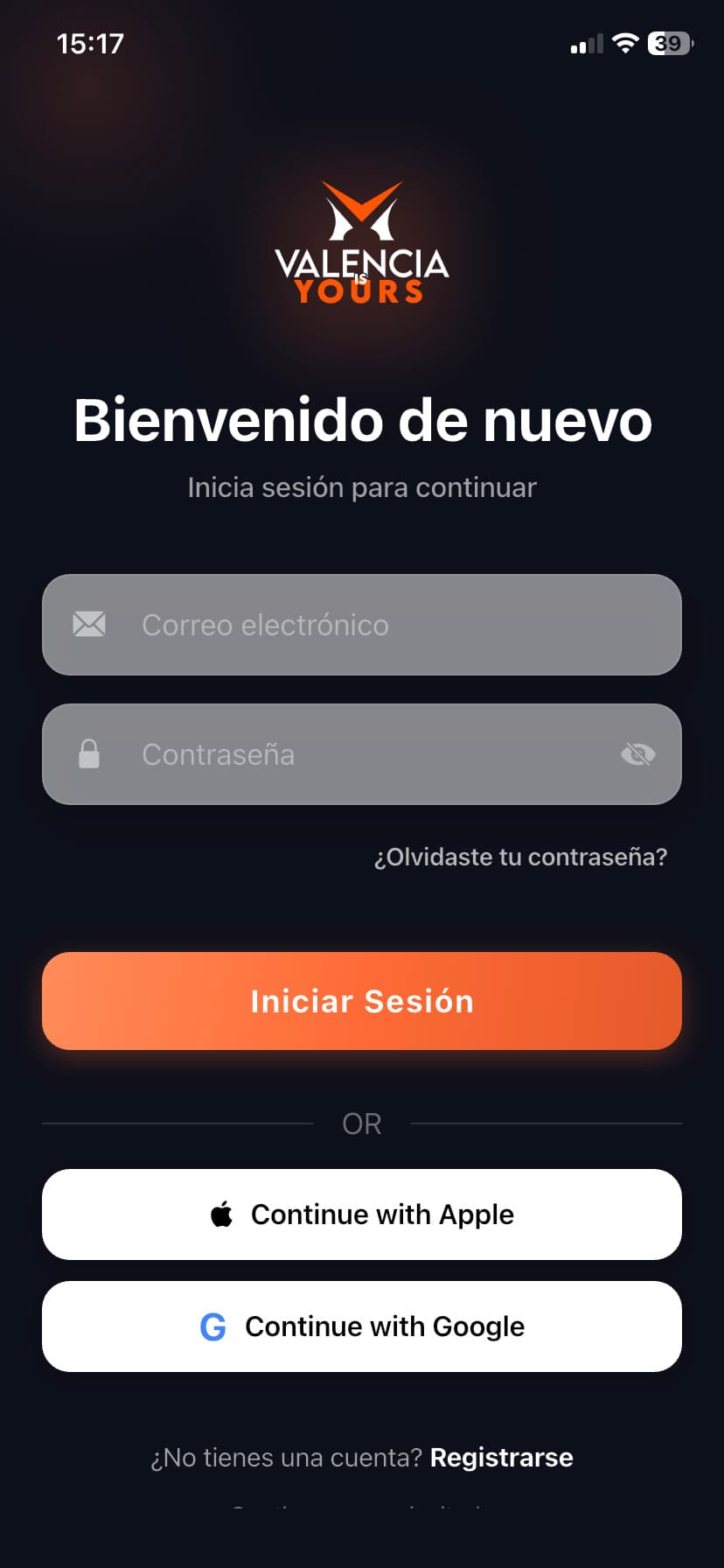 Valencia App - Login Screen