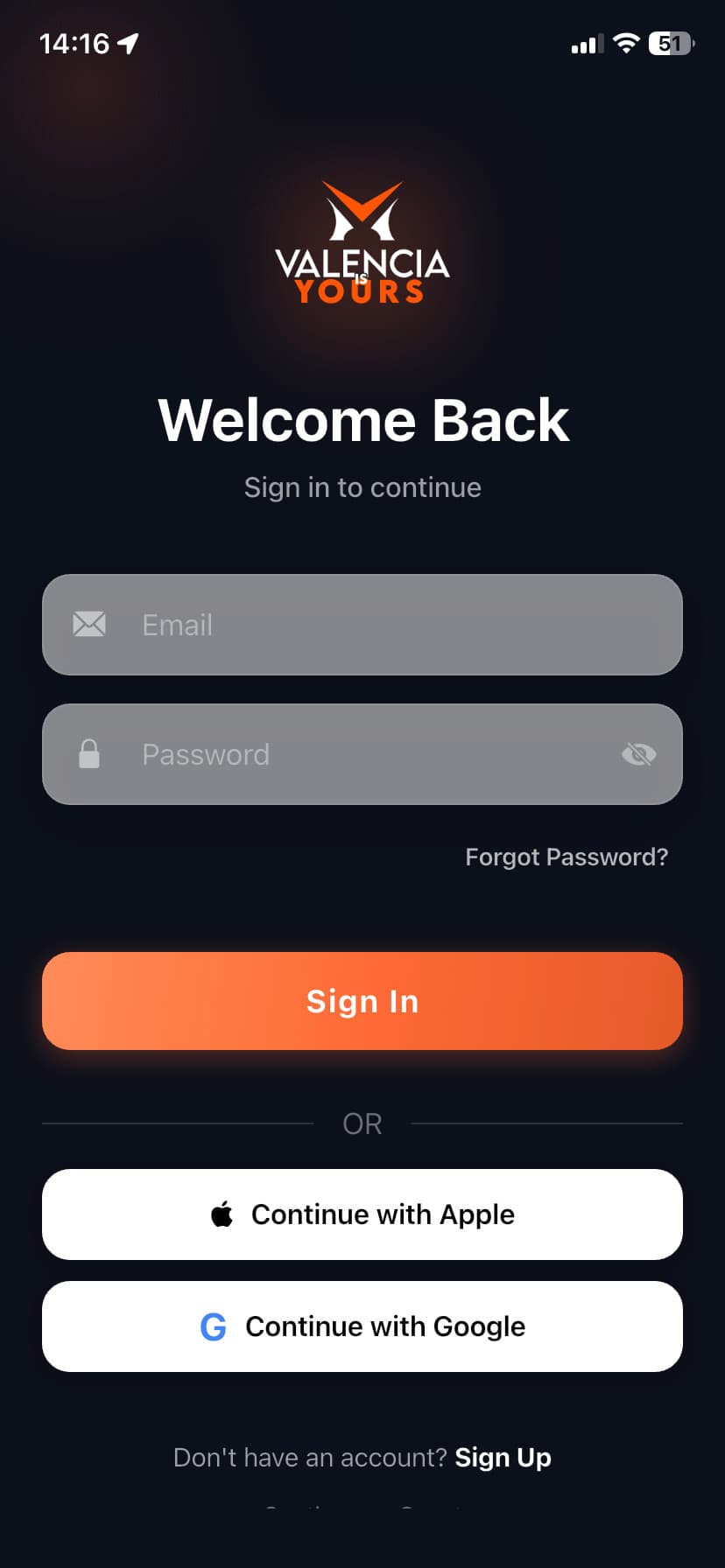 Valencia App - Login Screen